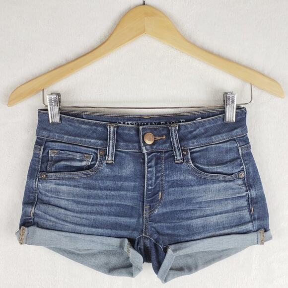 American Eagle Outfitters Jean Shorts Women 2 Super Stretch Midi Cut-Off Denim - Picture 1 of 9